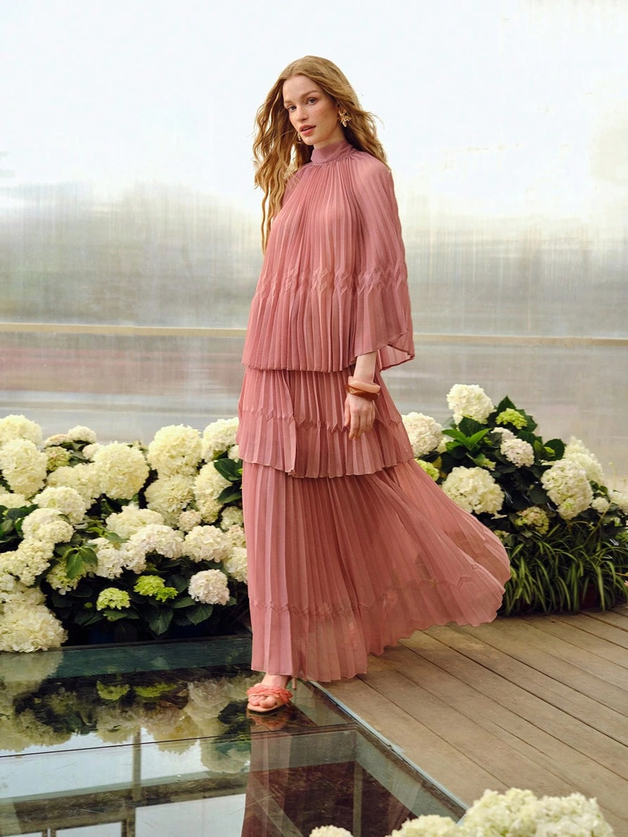CM-SS994342 Women Elegant Seoul Style Pleated Mock Neck Tie Batwing Sleeve Top With Long Skirt - Set