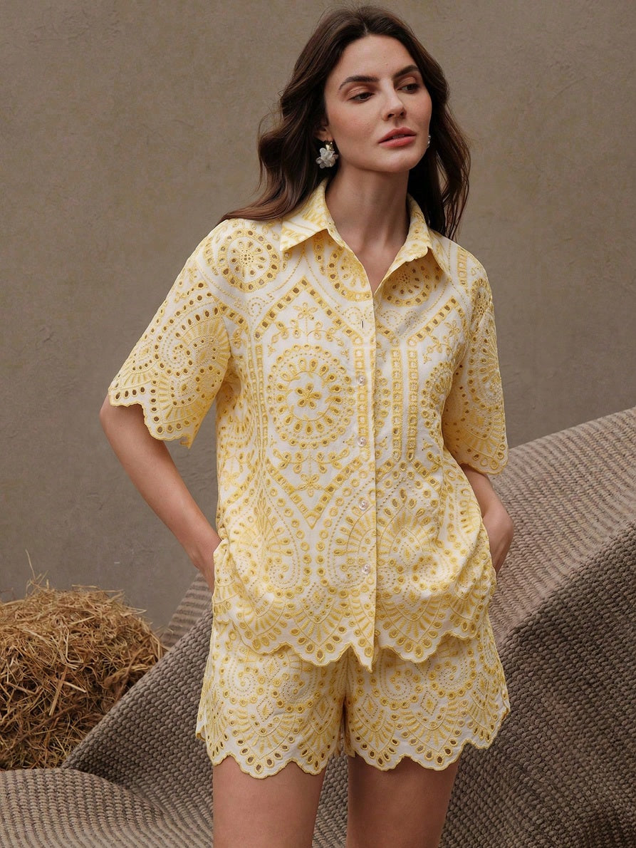 CM-SS778544 Women Trendy Bohemian Style Embroidered Hollow Out Short Sleeve Collared Shirt With Shorts - Set