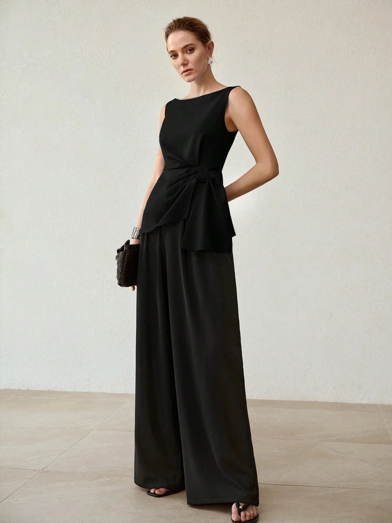 CM-TS013764 Women Elegant Seoul Style Side Knot Boat Neck Sleeveless Blouse - Black