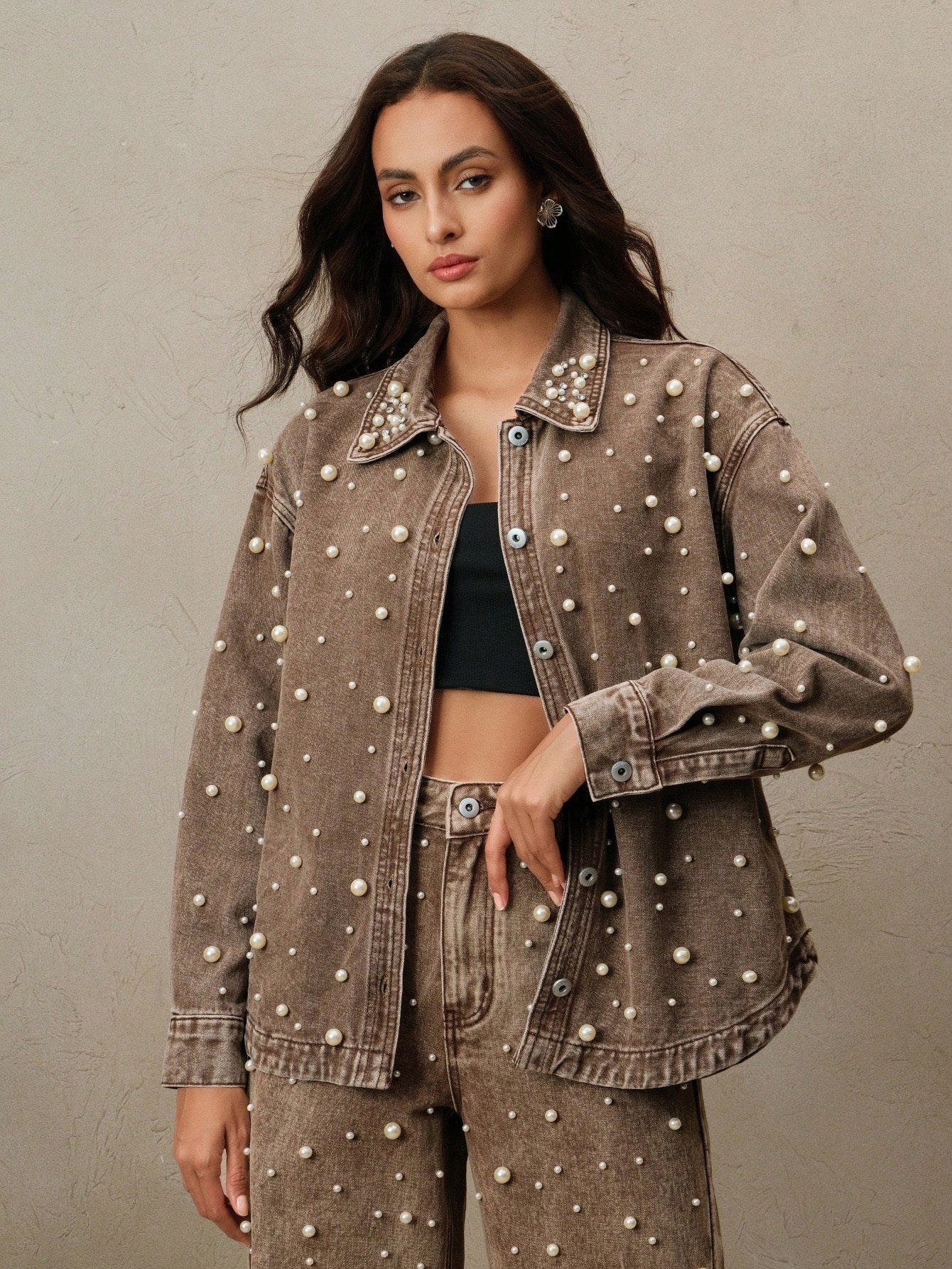 CM-CS541198 Women Elegant Seoul Style Collar Neckline Long Sleeve Rhinestone Embellished Long Denim Jacket - Brown