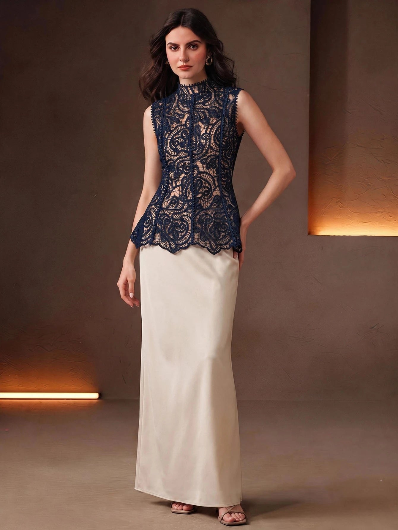 CM-TS617242 Women Elegant Seoul Style Stand Collar Sleeveless Lace Hollow Patchwork Ruffle Waist Cinched Tank Top - Navy Blue