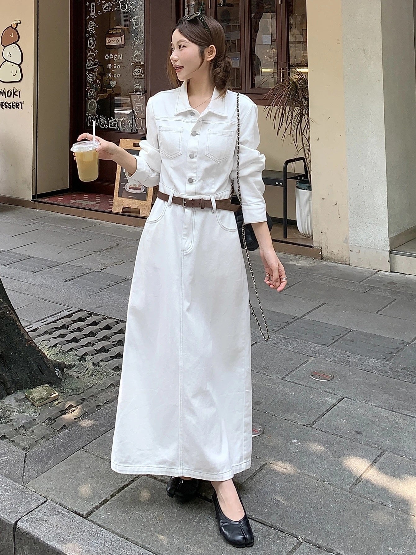 CM-DS982217 Women Casual Seoul Style Collar Neckline Long Sleeve Button Half-Placket Denim Dress - White