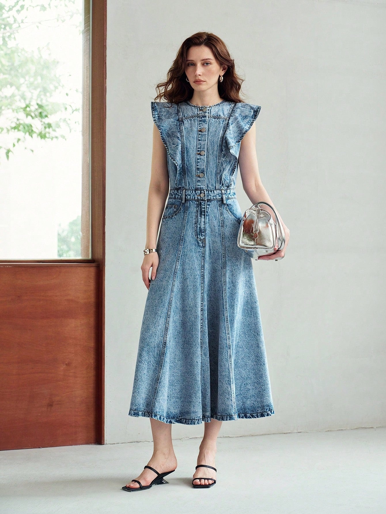CM-DS145343 Women Elegant Seoul Style Round Neck Sleeveless Ruffle Trim Mid-Length Denim Dress - Blue