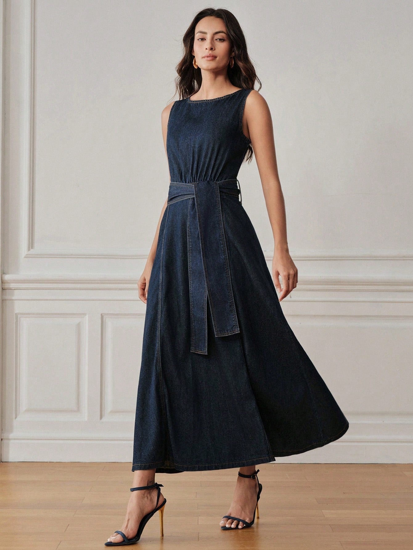 CM-DS406448 Women Elegant Seoul Style Round Neck Sleeveless Belted A-Line Denim Dress - Blue
