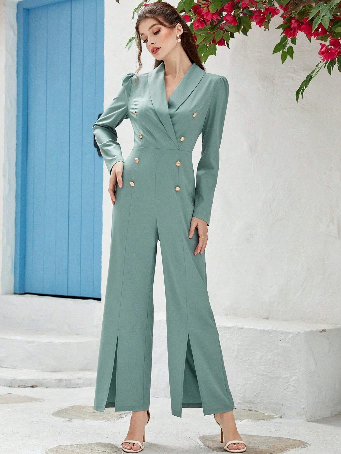 CM-JS799799 Women Elegant Seouol Style Shawl Neck Puff Sleeve Double Breasted Split Hem Jumpsuit