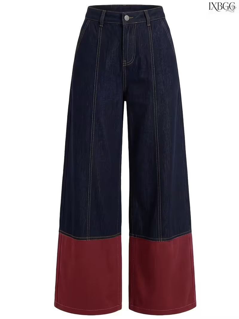 CM-BT832666 Women Casual Seoul Style Mid-Rise Blue Red Contrast Patchwork Straight Loose Wide Leg Jeans