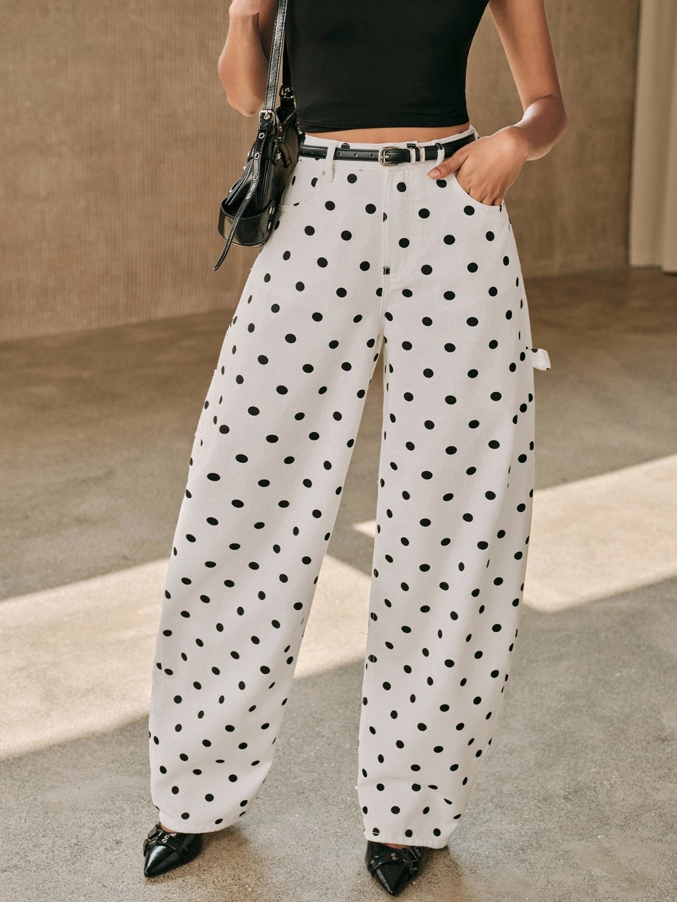 CM-BS387235 Women Casual Seoul Style Mid Waist All Over Print Polka Dot Curved Wide Leg Jeans - White
