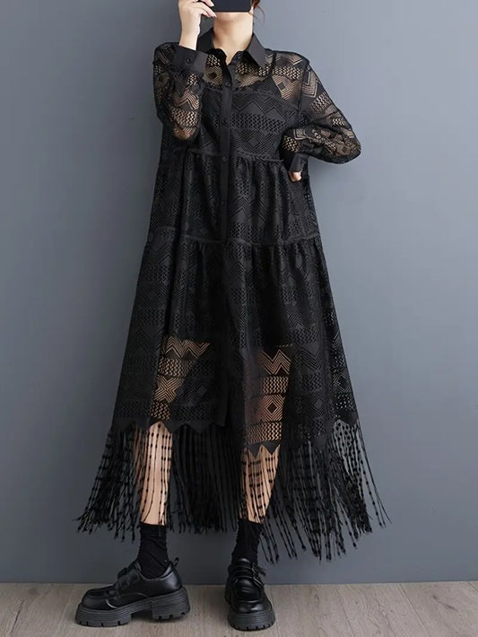 CM-DT294481 Women Casual Seoul Style Lapel Neckline See-Through Hollow Tassel Long Dress - Black