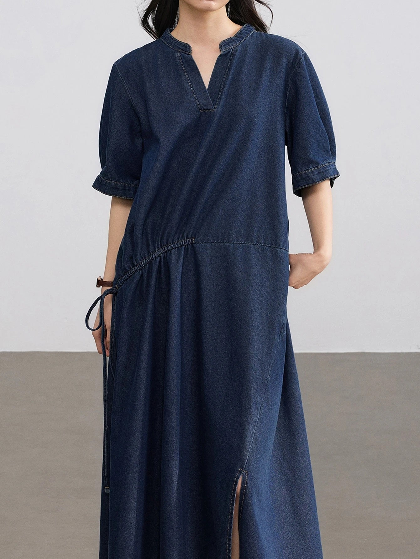 CM-DS713000 Women Casual Seoul Style Darl Wash Collared Long Sleeve Button-Up Cinched Waist Denim Dress