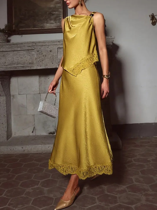 CM-ST461995 Women Elegant Seoul Style Solid Color Glossy Contrast Lace Splicing Vest With Long Skirt - Set