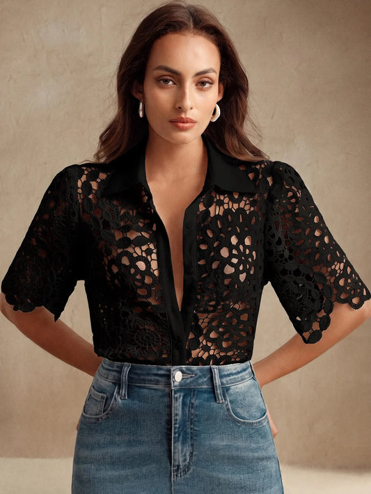 CM-TS461448 Women Casual Seoul Style Collar Neckline Half Sleeve Floral Hollow Out Lace Shirt Blouse - Black