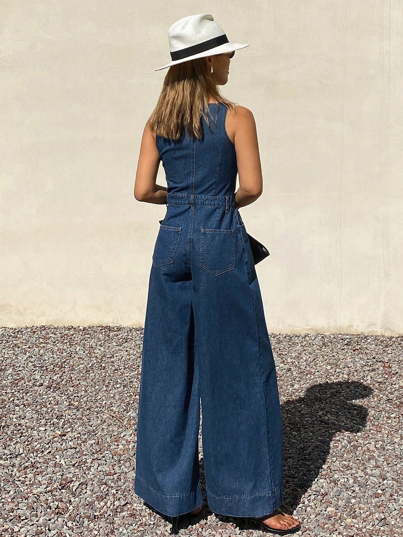 CM-JS194919 Women Elegant Seoul Style Medium Wash Sleeveless Adjustable Strap Loose Straight Leg Denim Jumpsuit
