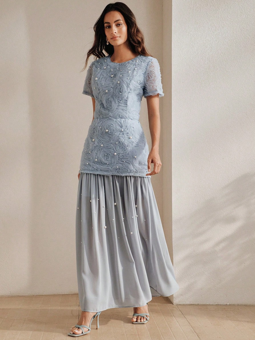 CM-SS102582 Women Elegant Seoul Style Round Neck Puff Sleeve 3D Rose Beaded Top With Mesh Patchwork Skirt - Set