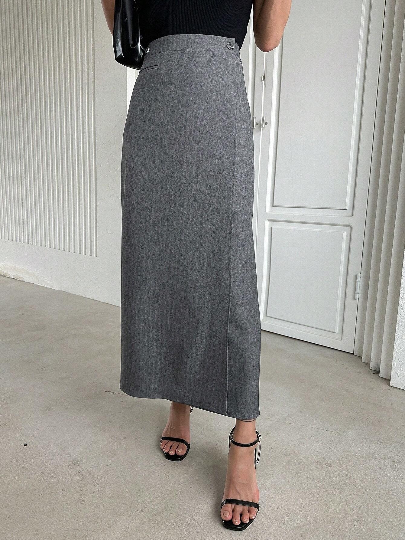 CM-BS413654 Women Elegant Seoul Style Solid High Waist Split Back Skirt - Gray