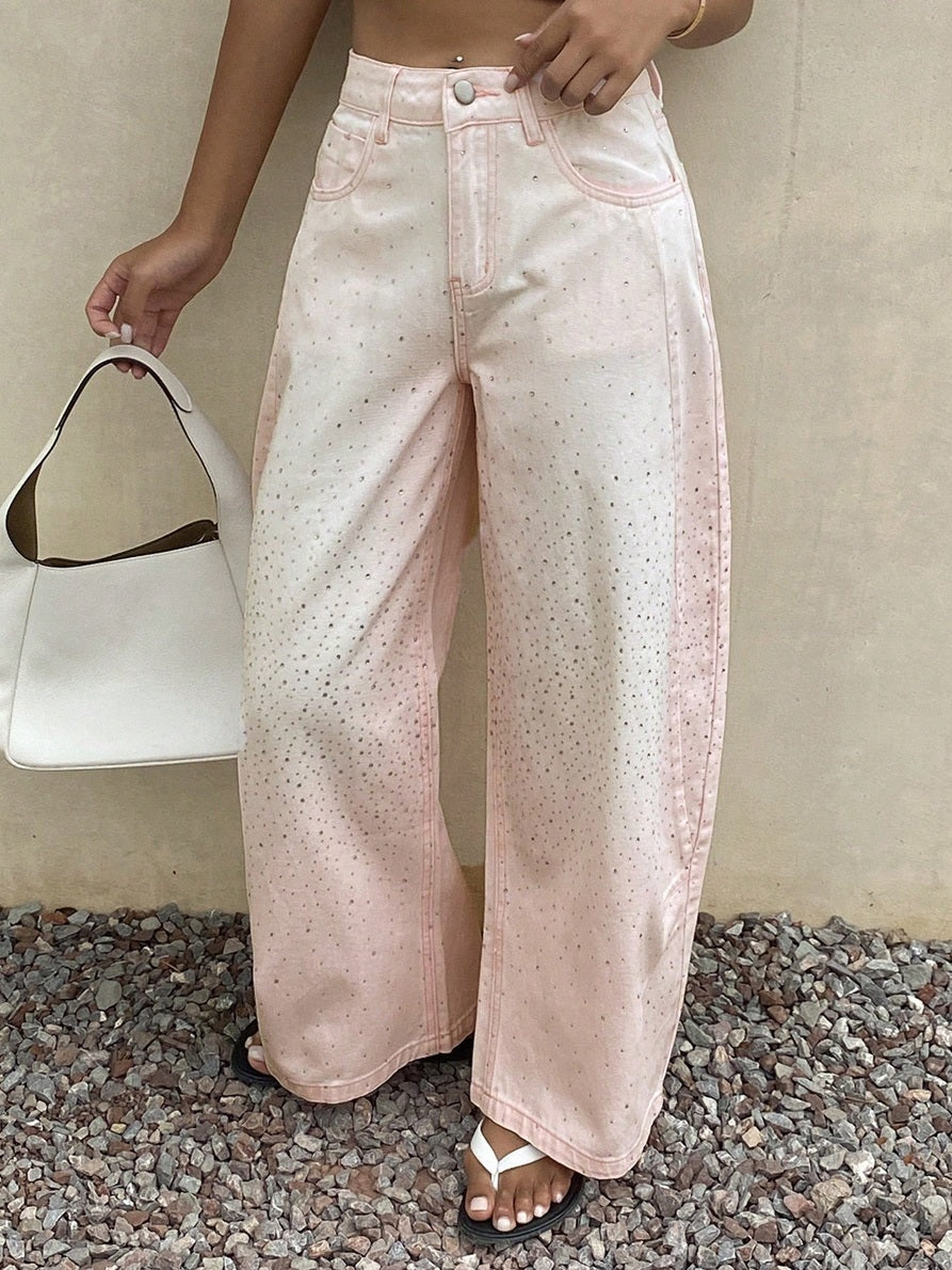 CM-BS344032 Women Casual Seoul Style Rhinestone Curved Leg Loose Long Denim Pants - Pink