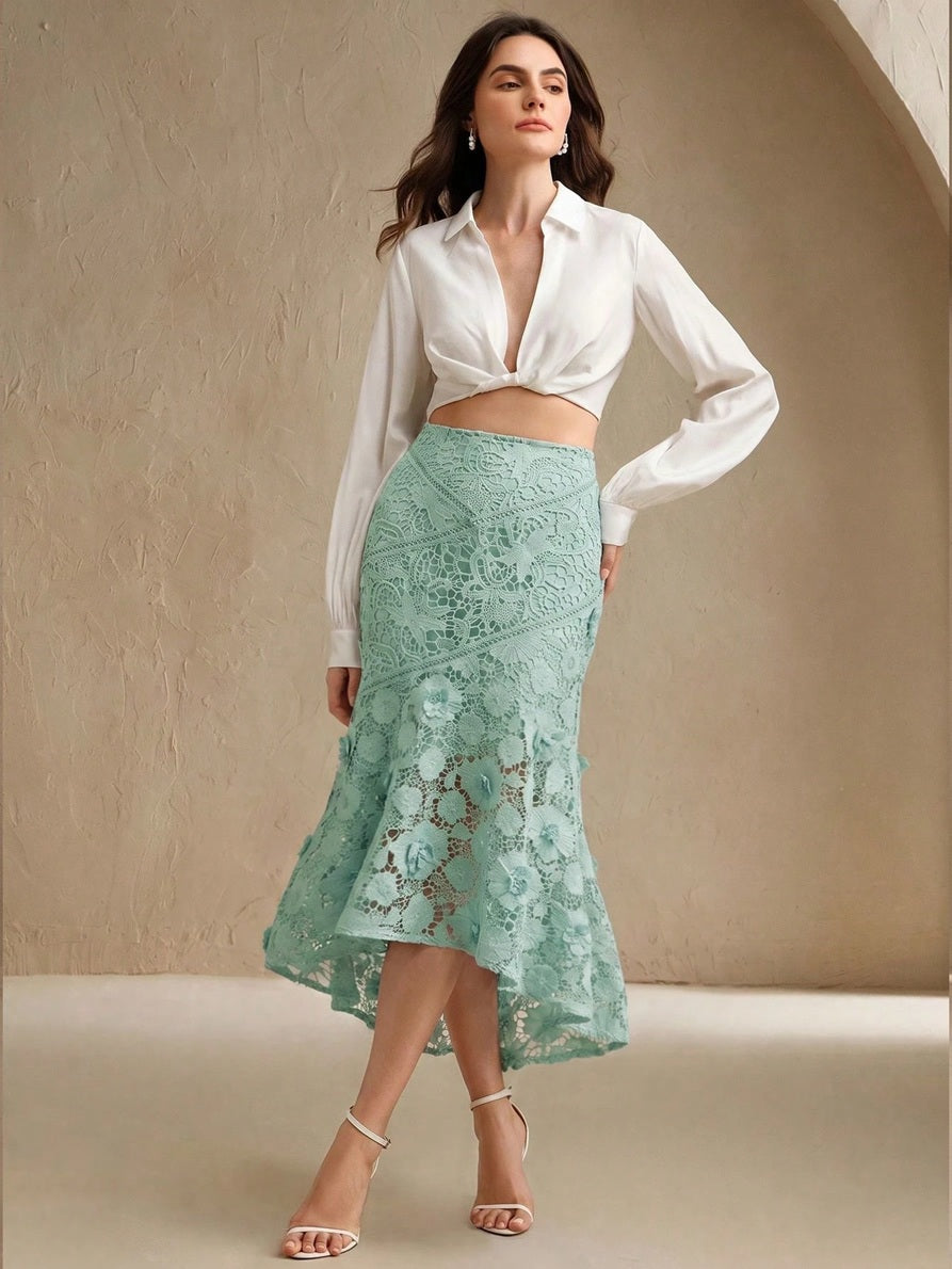 CM-BS607462 Women Elegant Seoul Style High Waist 3D Floral Mermaid Mid-Length Skirt - Green