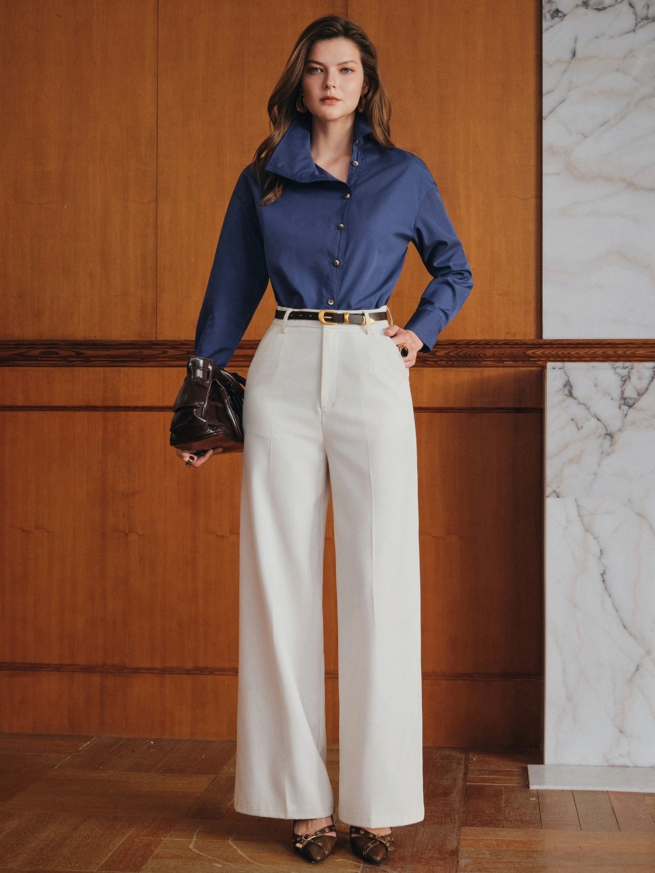 CM-TS778923 Women Elegant Seoul Style Collar Neckline Asymmetric Button Lapel Long Sleeve Blouse - Blue