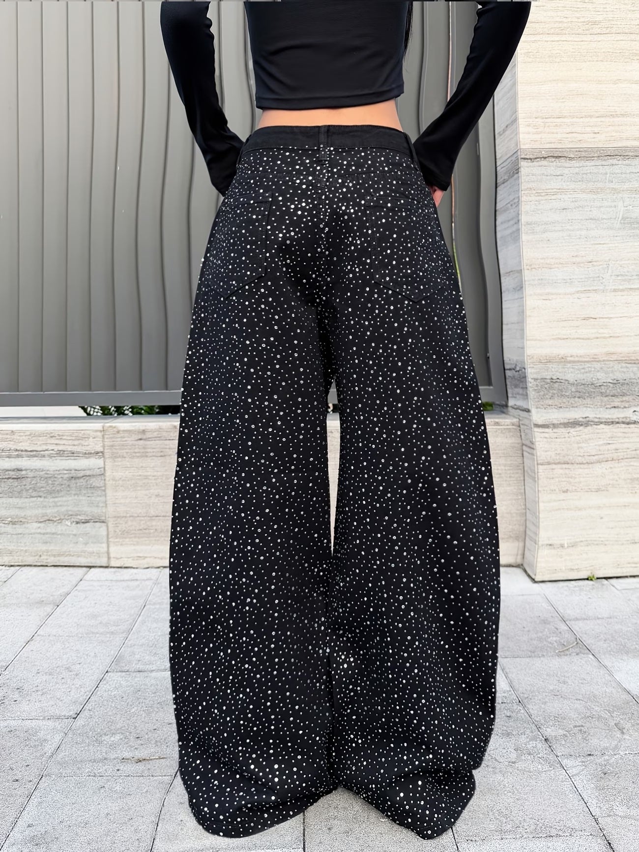 CM-BT984599 Women Elegant Seoul Style Sequined High-Waist Loose Wide Leg Jeans - Black