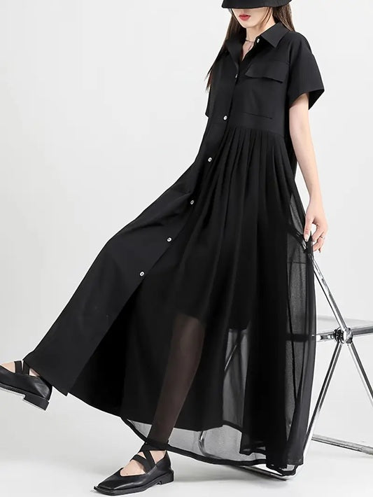CM-DT451050 Women Elegant Seoul Style Collar Neckline Short Sleeve A-Line Midi Dress - Black
