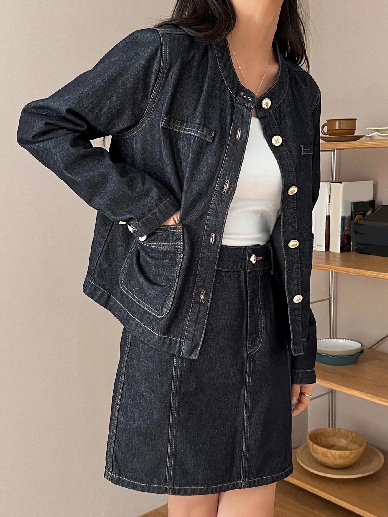 CM-SS746782 Women Preppy Seoul Style Button Front Denim Jacket With Slant Pocket Skirt - Set