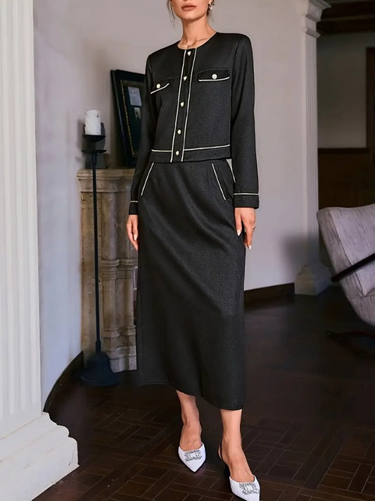 CM-ST021830 Women Elegant Seoul Style Color-Block Crew Neck Long Sleeve Top With Midi Skirt - Set