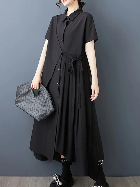 CM-DT849368 Women Elegant Seoul Style Collar Neckline Short Sleeve Asymmetricla Maxi Dress - Black