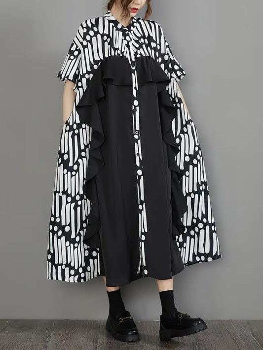 CM-DT232374 Women Casual Seoul Style Stand Collar Short Sleeve Ruffle Trim Color Block Loose Fit Dress