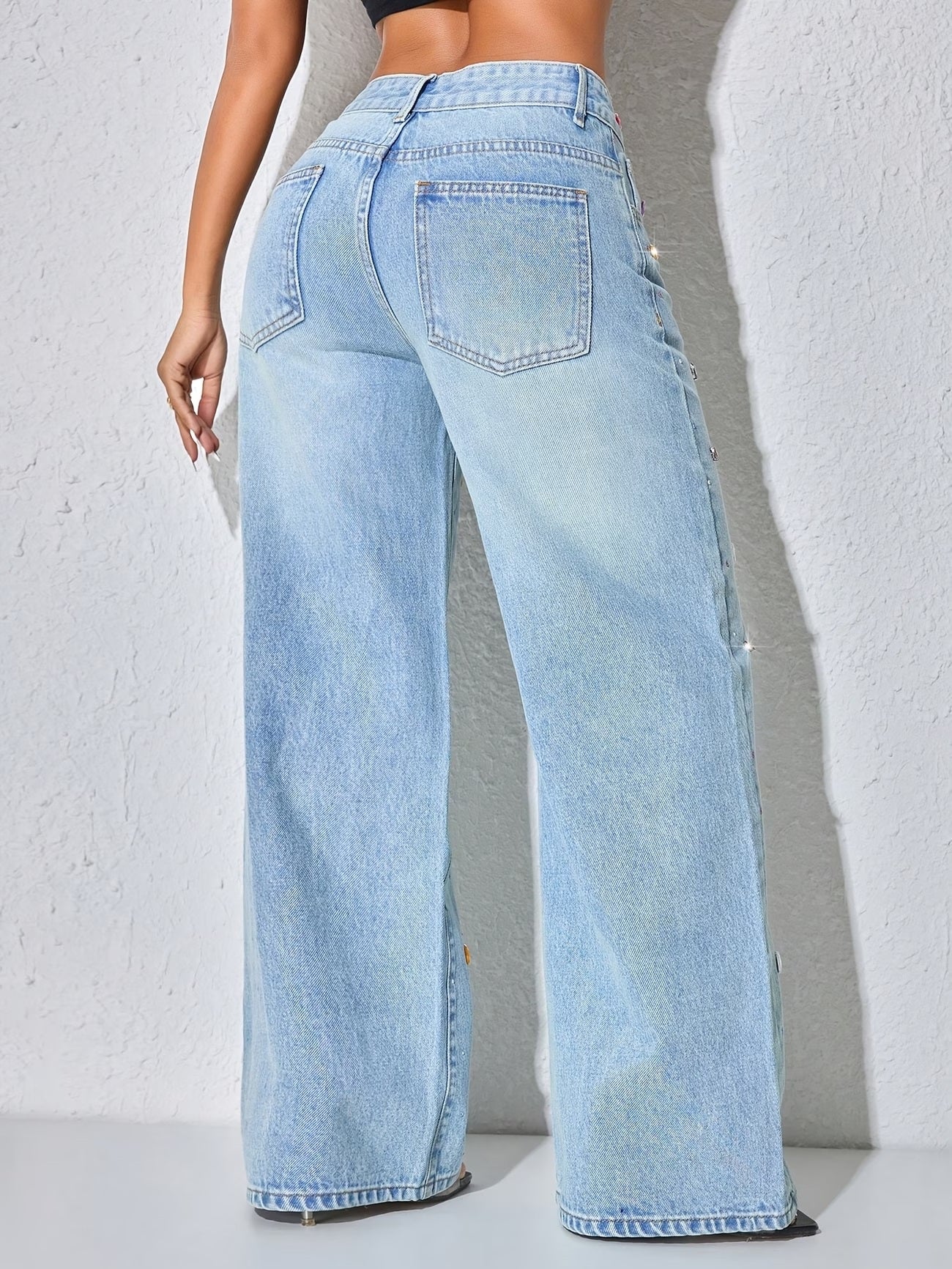 CM-BT518519 Women Casual Seoul Style Rhinestone Embroidery Wide Leg Denim Pants - Blue