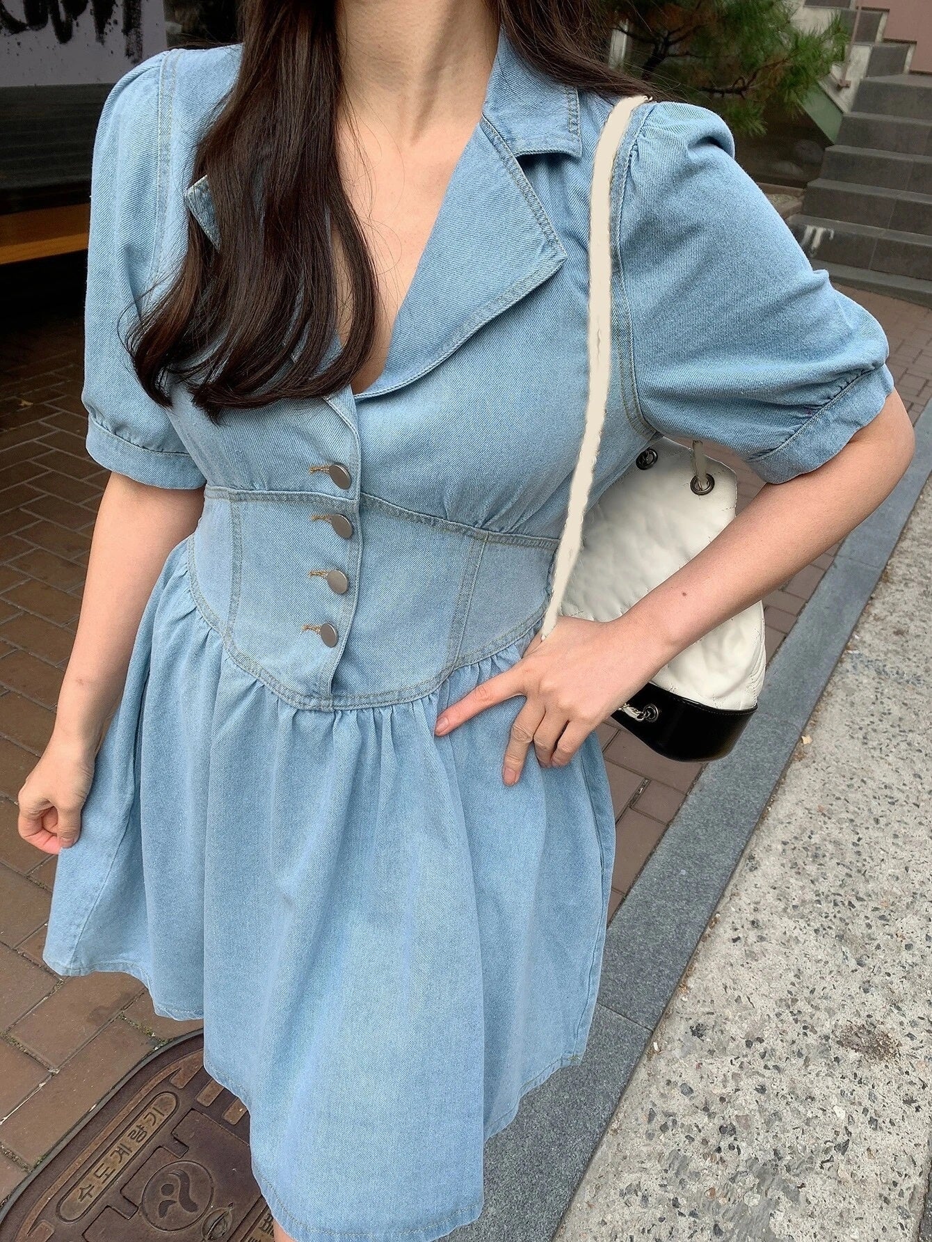 CM-DS727770 Women Casual Seoul Style Lapel Collar Puff Sleeve Button Front Shirt Denim Dress