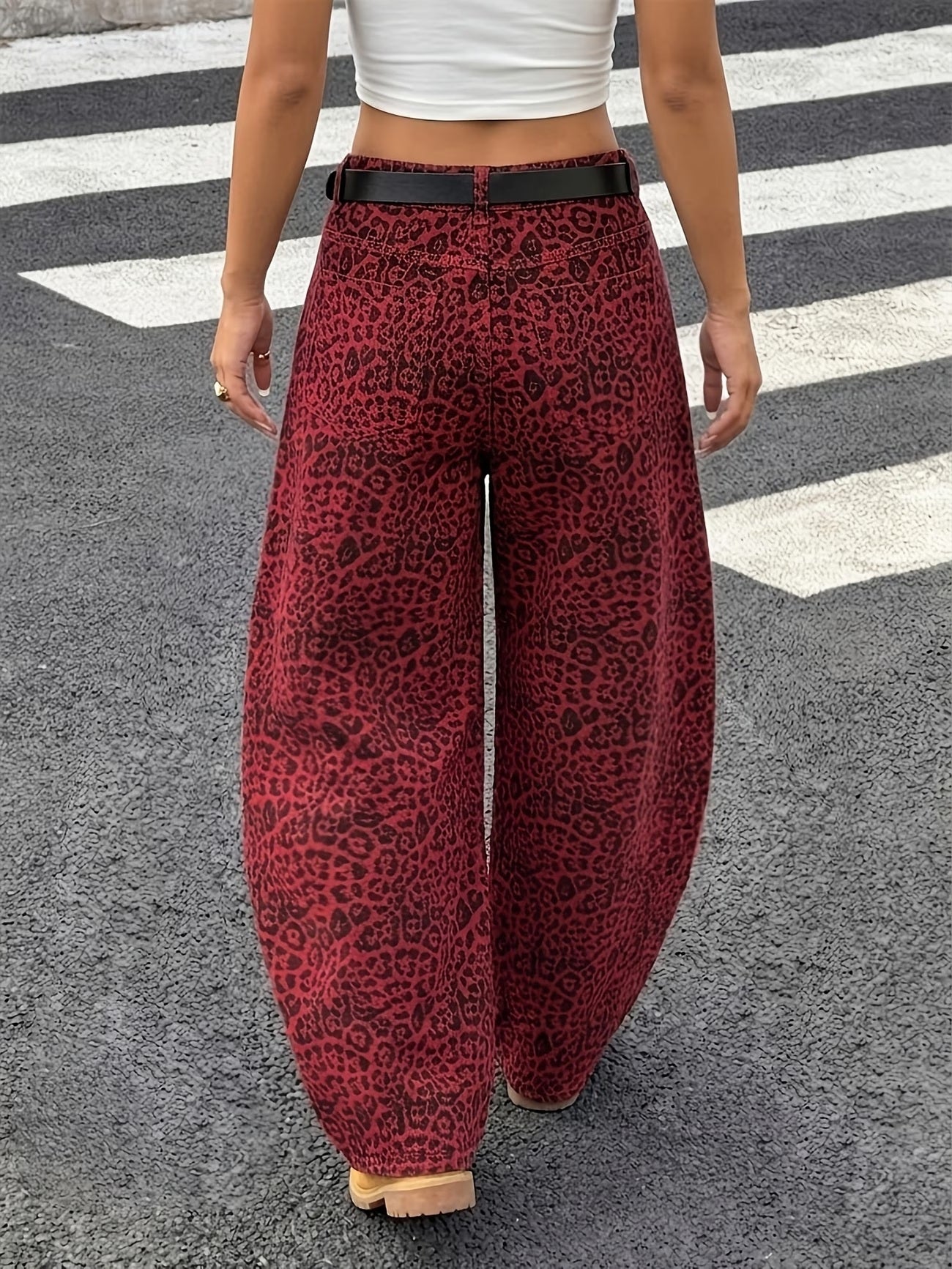 CM-BT476951 Women Casual Seoul Style High-Waist Curved-Leg Jeans with Red Base And Black Leopard Print