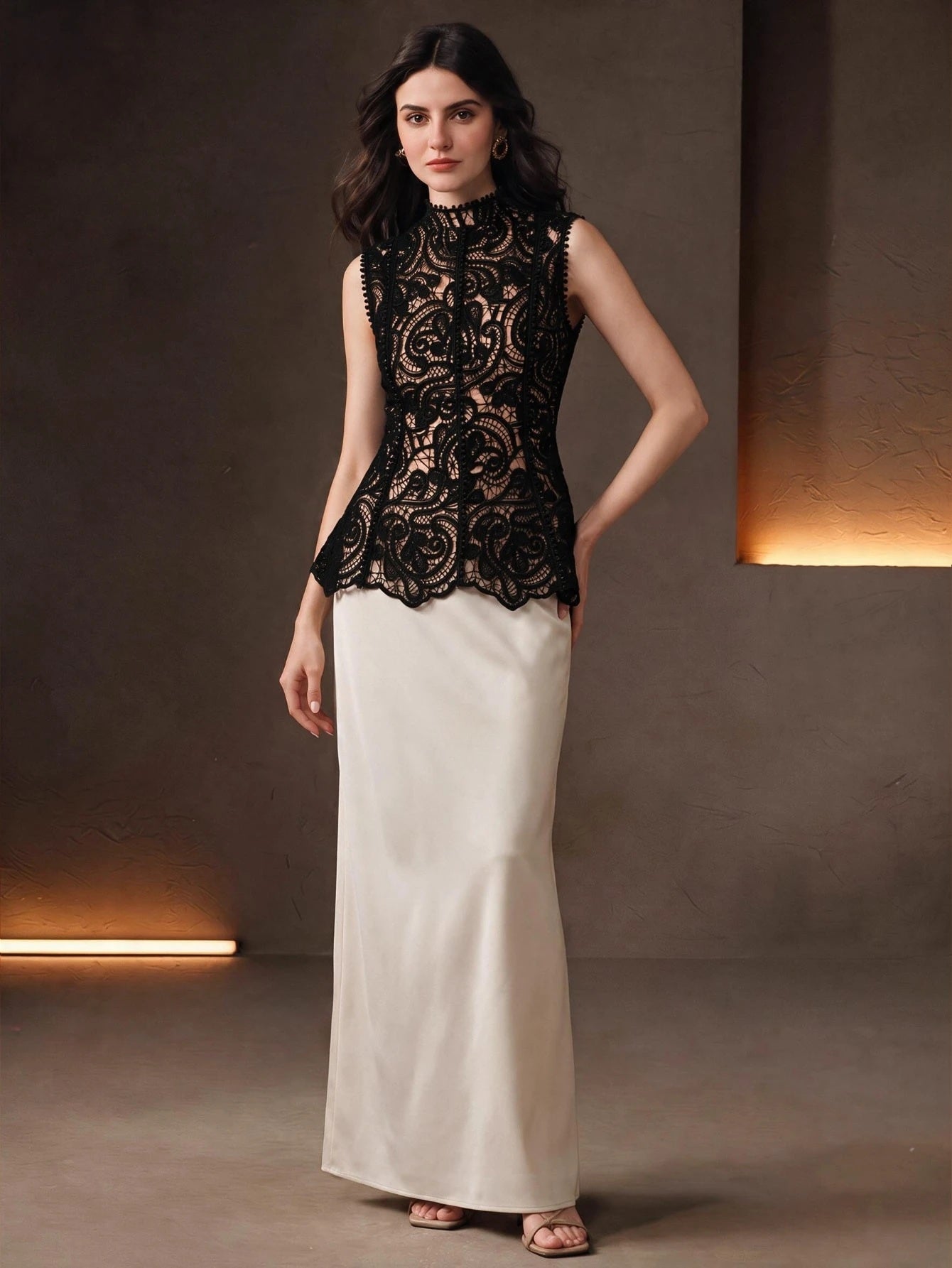 CM-TS219266 Women Elegant Seoul Style Stand Collar Sleeveless Lace Hollow Patchwork Ruffle Waist Cinched Tank Top - Black