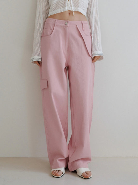 CM-BS655110 Women Casual Seoul Style Solid Flap Detail Straight Leg Pants - Pink