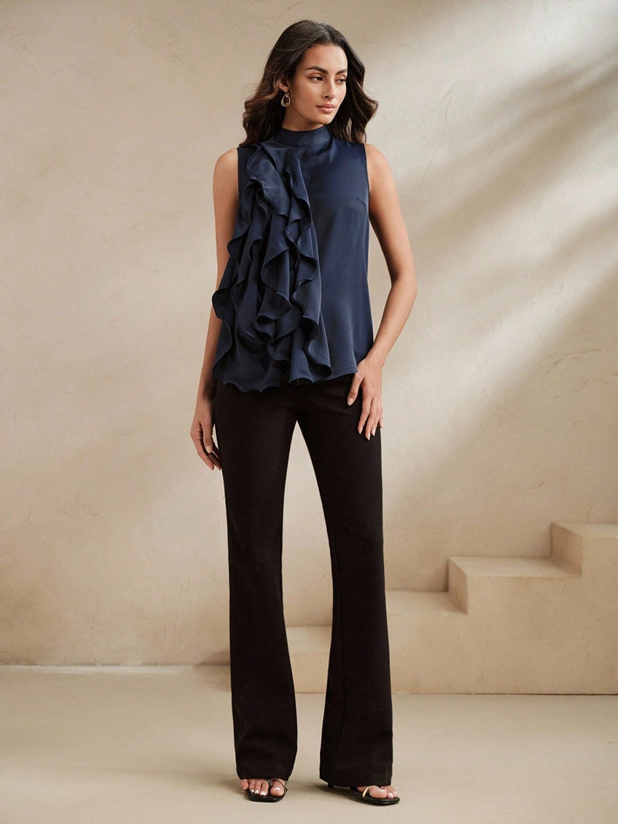 CM-TS898028 Women Elegant Seoul Style High Neck Sleeveless Multi-Layer Ruffle Asymmetric Tank Top - Navy Blue