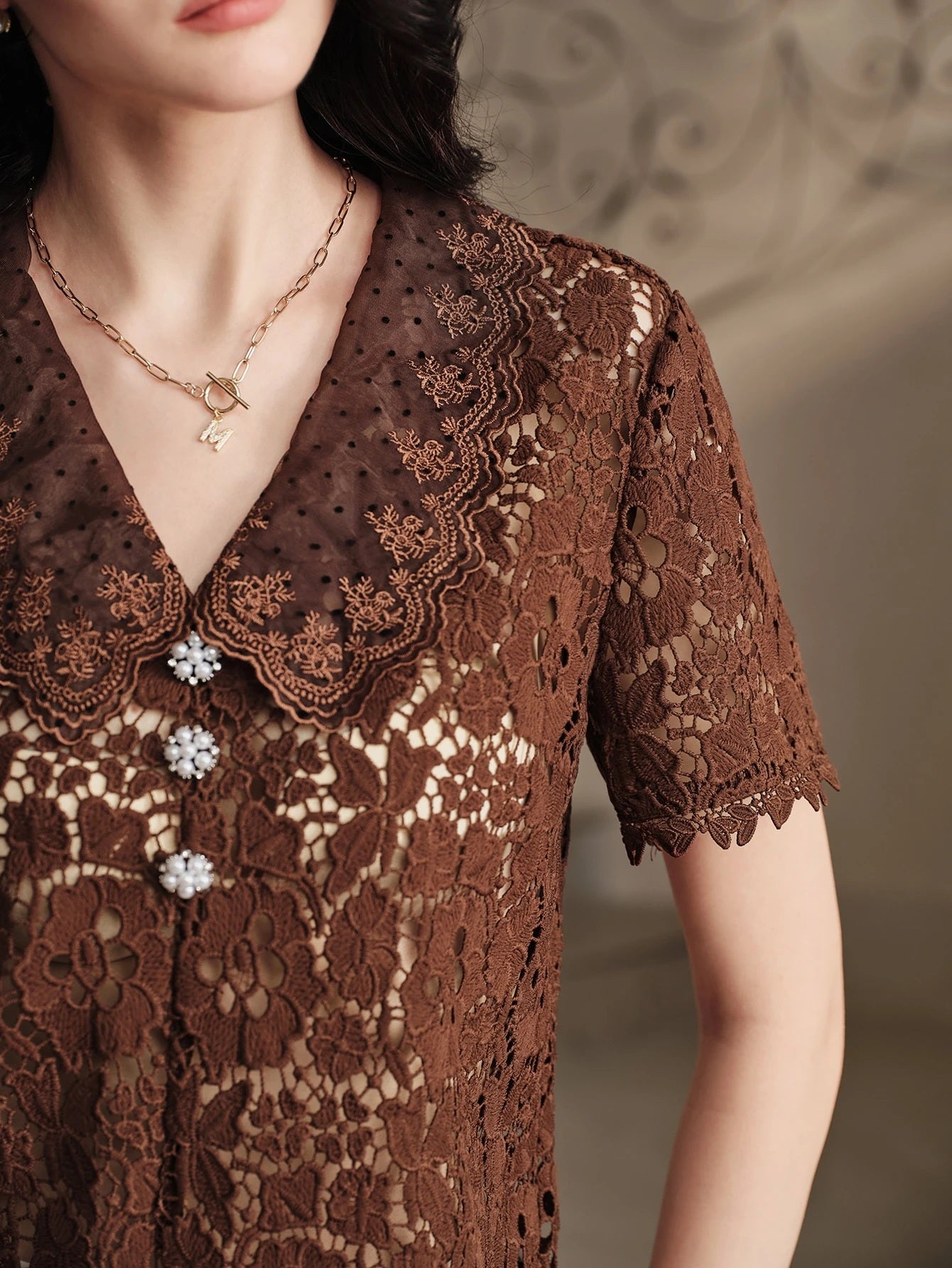 CM-TS966908 Women Elegant Seoul Style Hollow Lace Fabric Embroidery V-Neckline Short Sleeve Top - Coffee Brown