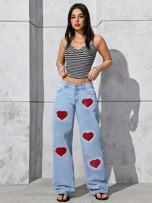 CM-BT000755 Women Casual Seoul Style Mid Waist Embroidered 3D Plush Heart Rhinestone Decor Wide-Leg Jeans