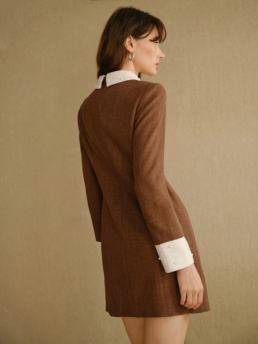 CM-DS343550 Women Elegant Seoul Style Contrast Panel Long Sleeve Faux Pearl Detail Short Dress - Brown