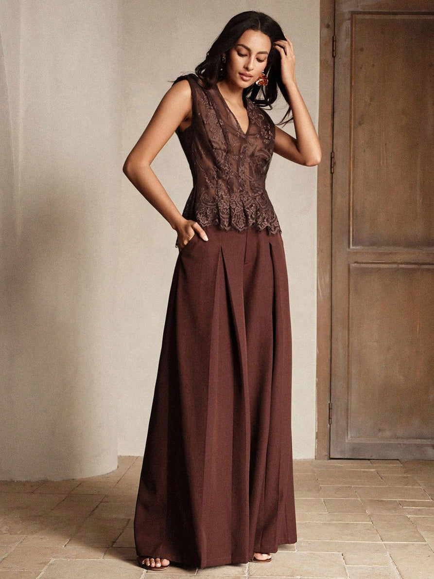 CM-TS367265 Women Elegant Seoul Style V-Neck Sleeveless Semi-Transparent Lace Tank Top - Brown