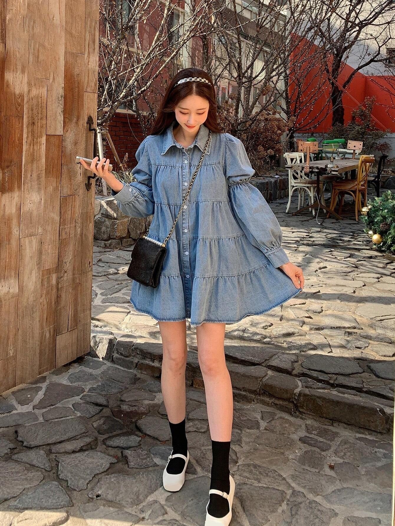 CM-DS025753 Women Preppy Seoul Style Solid Button Front Layered Hem Smock Denim Dress