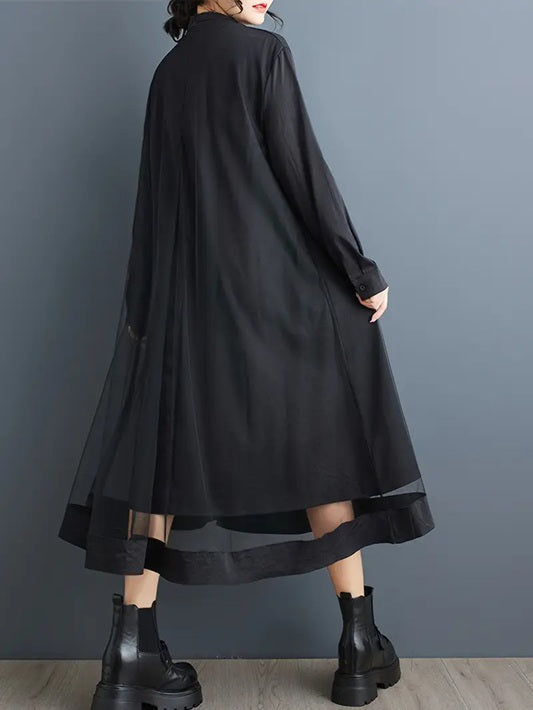 CM-DT757839 Women Elegant Seoul Style V-Neck Long Sleeve A-Line Flowy Midi Dress - Black