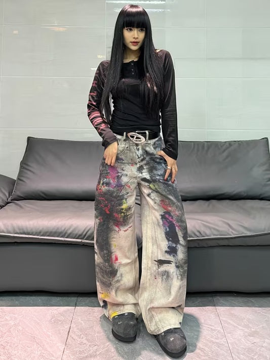 CM-BT477920 Women Casual Seoul Style Mid Waist 3D Printed Graffiti Loose-Fit Wide Leg Jeans