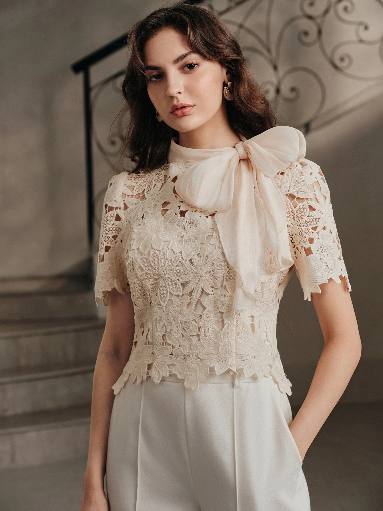 CM-TS163047 Women Elegant Seoul Style Tie Neck Puff Sleeve Hollow Lace Bowknot Blouse - Apricot