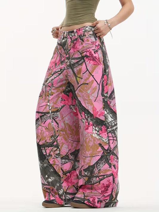 CM-BT141791 Women Casual Seoul Style Mid Waist Graffiti Maple Leaf Print Loose Wide Leg Jeans
