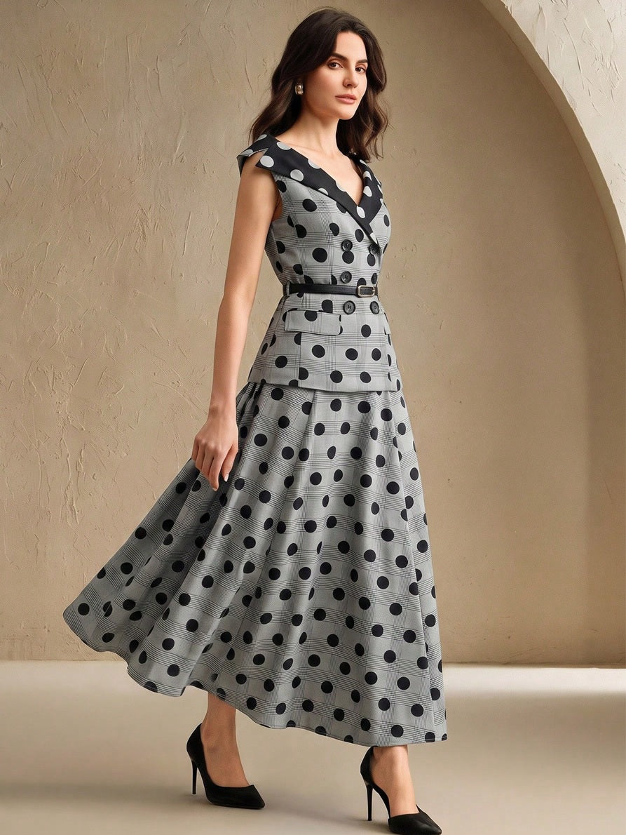 CM-SS819345 Women Elegant Seoul Style Contrast Color V-Neck Sleeveless Polka Dot Print Blouse With Long Skirt - Set