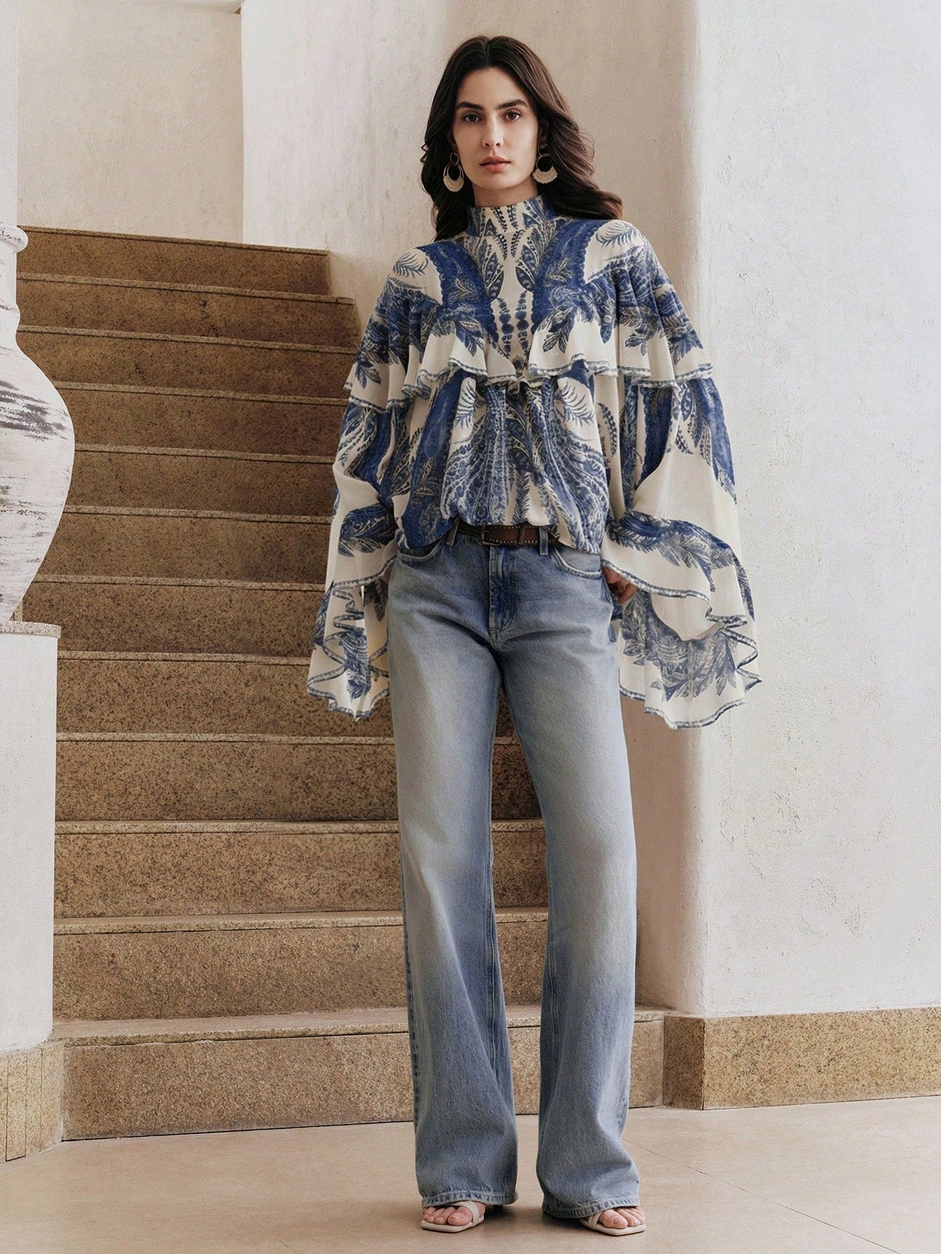 CM-TS393590 Women Trendy Bohemian Style Mock Necl Long Sleeve Plants Print Loose Blouse - Blue