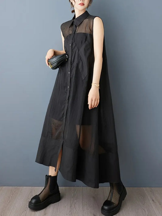 CM-DT427899 Women Elegant Seoul Style Collar Neckline Sleeveless Organza Vest Loose Fit Dress - Black
