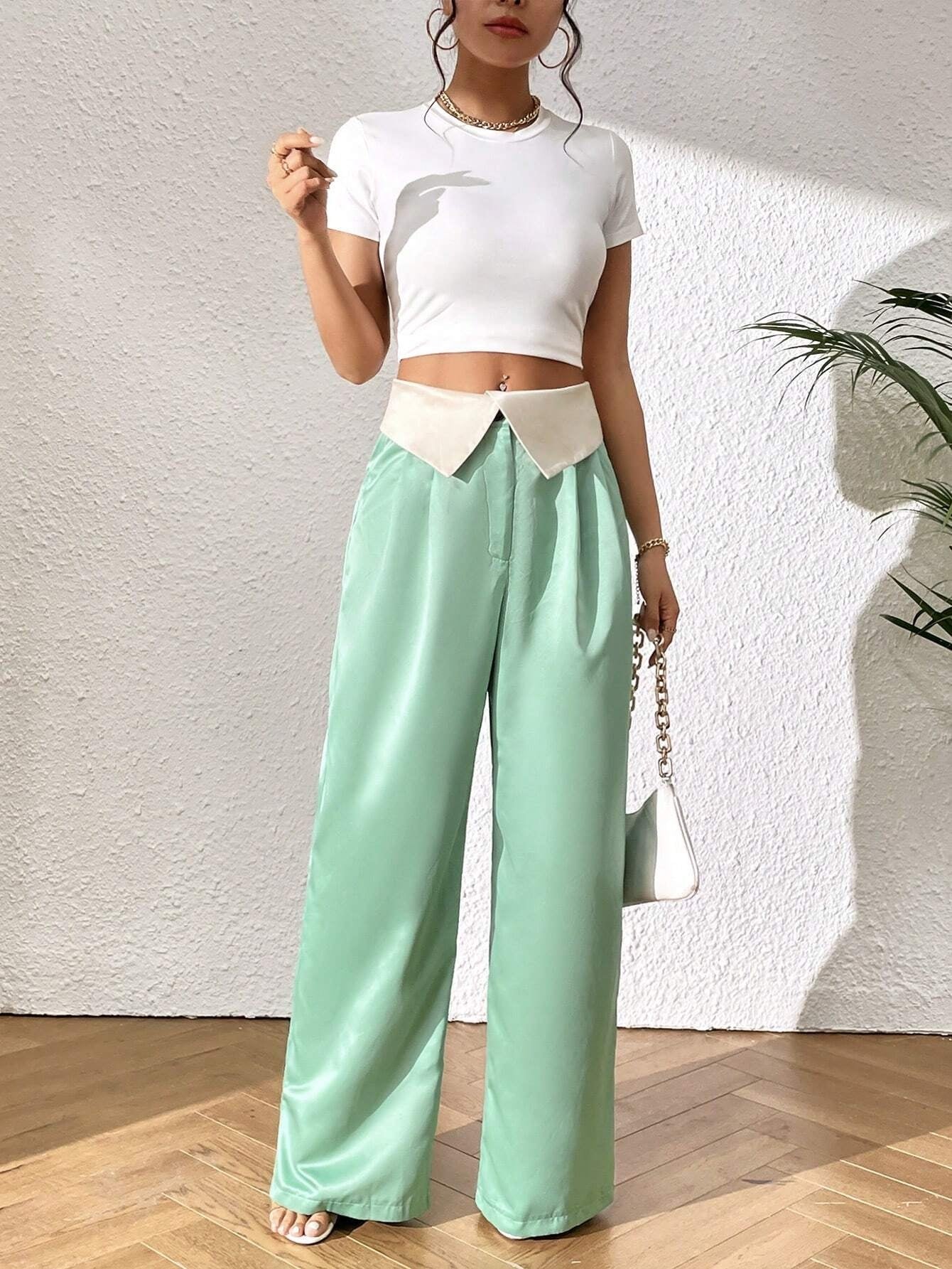 CM-BS322229 Women Elegant Seoul Style Fold Pleated Detail Wide Leg Pants - Green