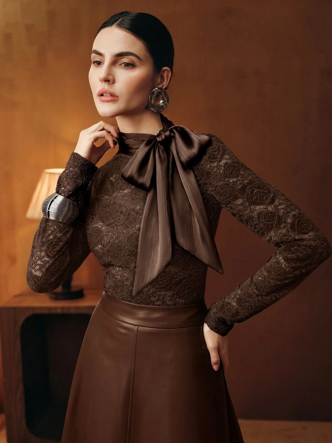 CM-TS166760 Women Elegant Seoul Style Stand Collar Long Sleeve Hollow Lace Rose Bow Top - Brown