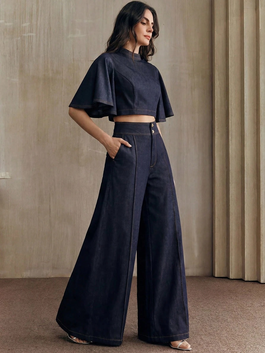 CM-SS444648 Women Elegant Seoul Style Short Sleeve Cape Colorblock Embroidered Top With High-Waist Wide-Leg Trousers - Set