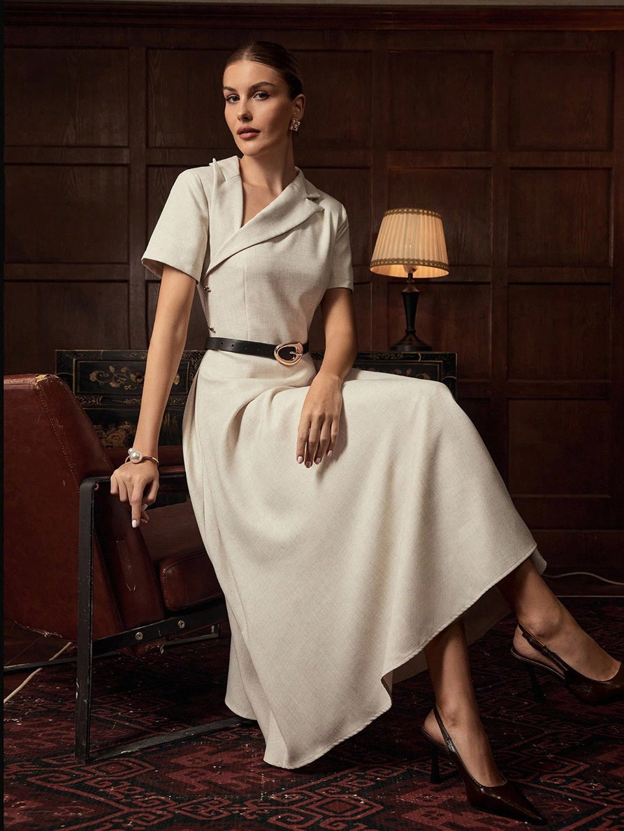 CM-DS559145 Women Elegant Seoul Style Asymmetrical Neck Short Sleeve High Waist Split Thigh Midi Dress - Apricot