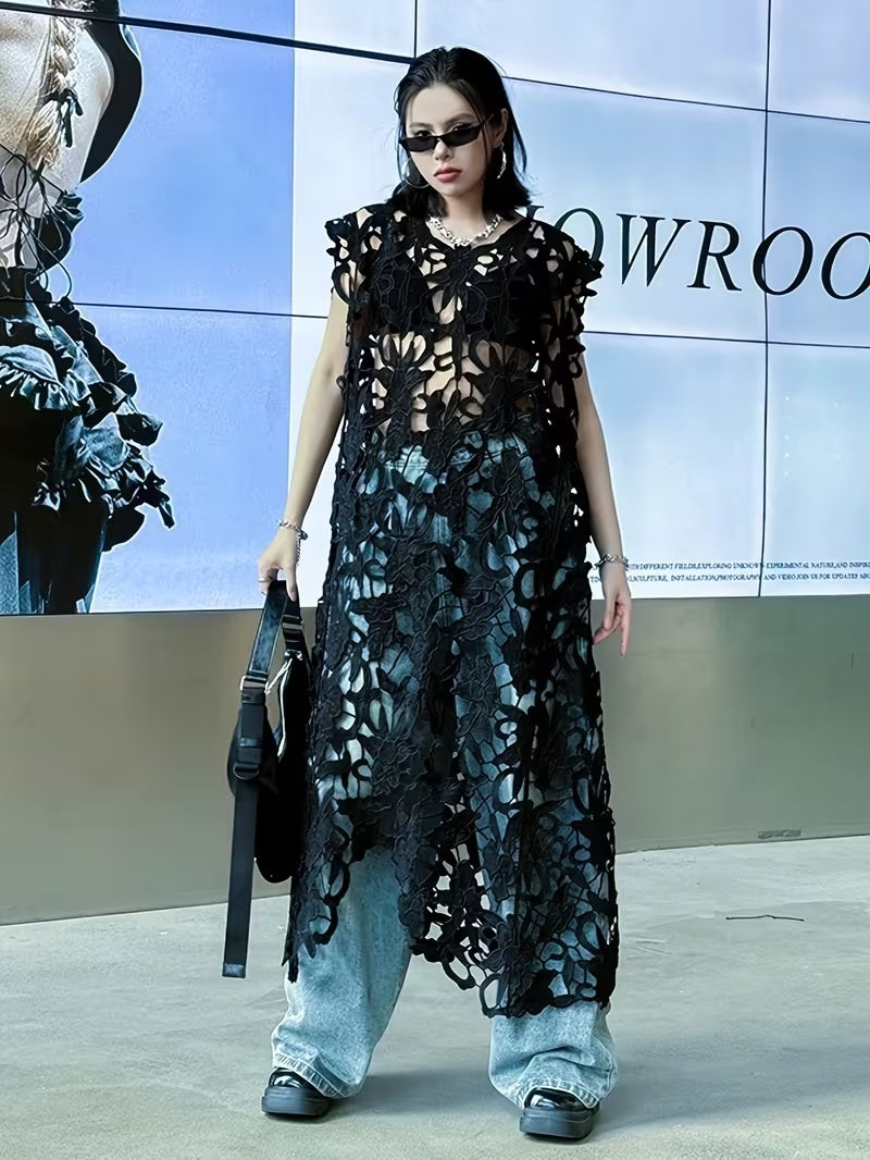 CM-DT000065 Women Trendy Bohemian Style Sweetheart Neckline Sleeveless Hollow-Out Lace Long Cover-Up Dress (Available in 2 colors)